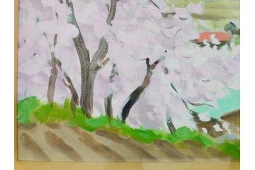 真作　野溝嘉彦　「風越山と桜」　F6(6号)　絵画(油絵、油彩、風景、桜、山、春、額装、肉筆、サイン入り)(R-079120)