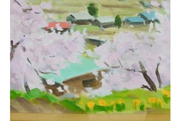 真作　野溝嘉彦　「風越山と桜」　F6(6号)　絵画(油絵、油彩、風景、桜、山、春、額装、肉筆、サイン入り)(R-079120)