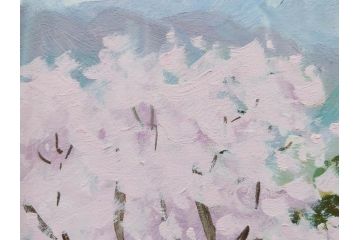 真作　野溝嘉彦　「風越山と桜」　F6(6号)　絵画(油絵、油彩、風景、桜、山、春、額装、肉筆、サイン入り)(R-079120)
