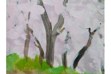 真作　野溝嘉彦　「風越山と桜」　F6(6号)　絵画(油絵、油彩、風景、桜、山、春、額装、肉筆、サイン入り)(R-079120)