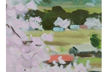 真作　野溝嘉彦　「風越山と桜」　F6(6号)　絵画(油絵、油彩、風景、桜、山、春、額装、肉筆、サイン入り)(R-079120)