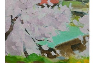 真作　野溝嘉彦　「風越山と桜」　F6(6号)　絵画(油絵、油彩、風景、桜、山、春、額装、肉筆、サイン入り)(R-079120)