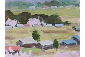 真作　野溝嘉彦　「風越山と桜」　F6(6号)　絵画(油絵、油彩、風景、桜、山、春、額装、肉筆、サイン入り)(R-079120)