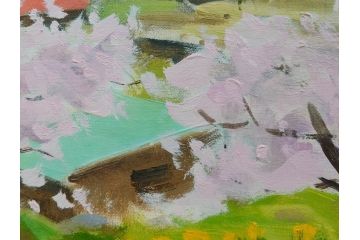 真作　野溝嘉彦　「風越山と桜」　F6(6号)　絵画(油絵、油彩、風景、桜、山、春、額装、肉筆、サイン入り)(R-079120)