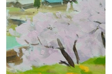 真作　野溝嘉彦　「風越山と桜」　F6(6号)　絵画(油絵、油彩、風景、桜、山、春、額装、肉筆、サイン入り)(R-079120)