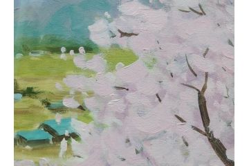 真作　野溝嘉彦　「風越山と桜」　F6(6号)　絵画(油絵、油彩、風景、桜、山、春、額装、肉筆、サイン入り)(R-079120)
