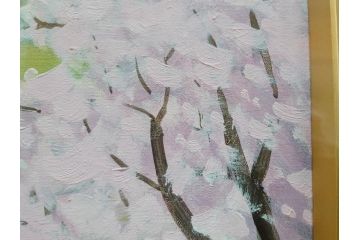 真作　野溝嘉彦　「風越山と桜」　F6(6号)　絵画(油絵、油彩、風景、桜、山、春、額装、肉筆、サイン入り)(R-079120)