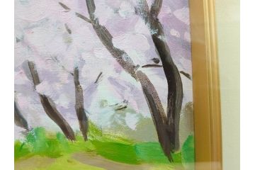 真作　野溝嘉彦　「風越山と桜」　F6(6号)　絵画(油絵、油彩、風景、桜、山、春、額装、肉筆、サイン入り)(R-079120)