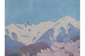 真作　野溝嘉彦　「風越山と桜」　F6(6号)　絵画(油絵、油彩、風景、桜、山、春、額装、肉筆、サイン入り)(R-079120)