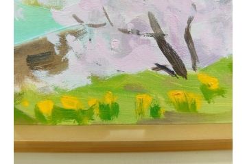 真作　野溝嘉彦　「風越山と桜」　F6(6号)　絵画(油絵、油彩、風景、桜、山、春、額装、肉筆、サイン入り)(R-079120)