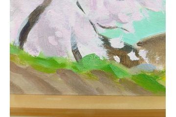 真作　野溝嘉彦　「風越山と桜」　F6(6号)　絵画(油絵、油彩、風景、桜、山、春、額装、肉筆、サイン入り)(R-079120)