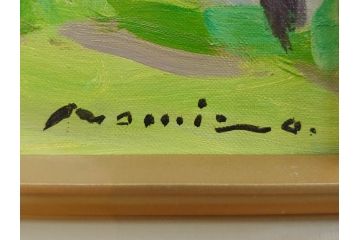 真作　野溝嘉彦　「風越山と桜」　F6(6号)　絵画(油絵、油彩、風景、桜、山、春、額装、肉筆、サイン入り)(R-079120)