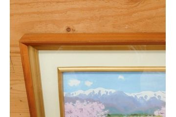 真作　野溝嘉彦　「風越山と桜」　F6(6号)　絵画(油絵、油彩、風景、桜、山、春、額装、肉筆、サイン入り)(R-079120)