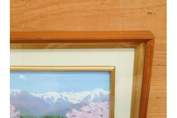真作　野溝嘉彦　「風越山と桜」　F6(6号)　絵画(油絵、油彩、風景、桜、山、春、額装、肉筆、サイン入り)(R-079120)