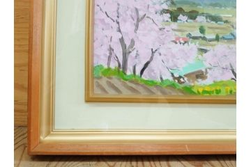 真作　野溝嘉彦　「風越山と桜」　F6(6号)　絵画(油絵、油彩、風景、桜、山、春、額装、肉筆、サイン入り)(R-079120)