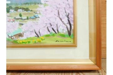 真作　野溝嘉彦　「風越山と桜」　F6(6号)　絵画(油絵、油彩、風景、桜、山、春、額装、肉筆、サイン入り)(R-079120)