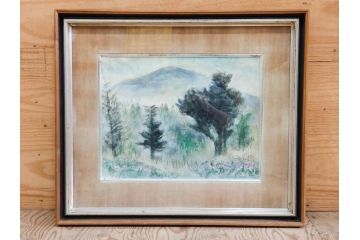 真作　1974年　サイタ亨　「草津天狗山 しゃくなげの咲く頃」　F6(6号)　絵画(鉛筆、水彩、DR.T.SAITA、サイン入り、落款印、肉筆、風景、花、山、額装)(R-079121)