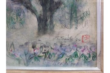 真作　1974年　サイタ亨　「草津天狗山 しゃくなげの咲く頃」　F6(6号)　絵画(鉛筆、水彩、DR.T.SAITA、サイン入り、落款印、肉筆、風景、花、山、額装)(R-079121)