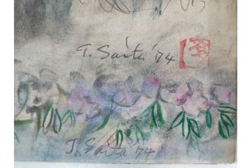 真作　1974年　サイタ亨　「草津天狗山 しゃくなげの咲く頃」　F6(6号)　絵画(鉛筆、水彩、DR.T.SAITA、サイン入り、落款印、肉筆、風景、花、山、額装)(R-079121)