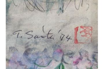 真作　1974年　サイタ亨　「草津天狗山 しゃくなげの咲く頃」　F6(6号)　絵画(鉛筆、水彩、DR.T.SAITA、サイン入り、落款印、肉筆、風景、花、山、額装)(R-079121)