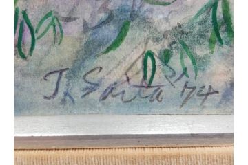 真作　1974年　サイタ亨　「草津天狗山 しゃくなげの咲く頃」　F6(6号)　絵画(鉛筆、水彩、DR.T.SAITA、サイン入り、落款印、肉筆、風景、花、山、額装)(R-079121)