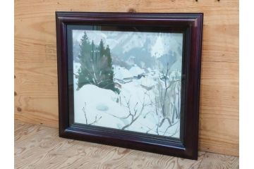 真作　野溝嘉彦　「塩の道・雪」　F10(10号)　絵画(油絵、油彩、肉筆、サイン入り、雪山、冬、風景、山村、額装)(R-079122)