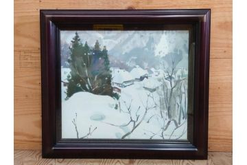 真作　野溝嘉彦　「塩の道・雪」　F10(10号)　絵画(油絵、油彩、肉筆、サイン入り、雪山、冬、風景、山村、額装)(R-079122)