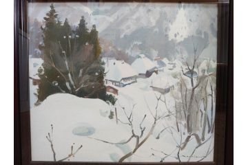 真作　野溝嘉彦　「塩の道・雪」　F10(10号)　絵画(油絵、油彩、肉筆、サイン入り、雪山、冬、風景、山村、額装)(R-079122)