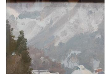 真作　野溝嘉彦　「塩の道・雪」　F10(10号)　絵画(油絵、油彩、肉筆、サイン入り、雪山、冬、風景、山村、額装)(R-079122)