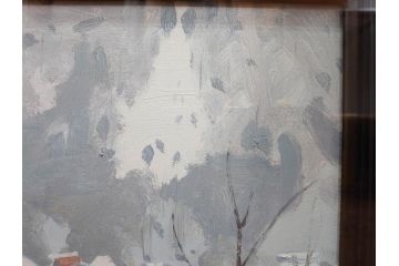 真作　野溝嘉彦　「塩の道・雪」　F10(10号)　絵画(油絵、油彩、肉筆、サイン入り、雪山、冬、風景、山村、額装)(R-079122)