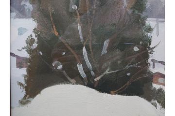 真作　野溝嘉彦　「塩の道・雪」　F10(10号)　絵画(油絵、油彩、肉筆、サイン入り、雪山、冬、風景、山村、額装)(R-079122)