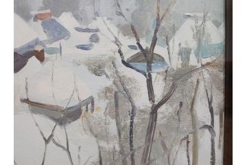 真作　野溝嘉彦　「塩の道・雪」　F10(10号)　絵画(油絵、油彩、肉筆、サイン入り、雪山、冬、風景、山村、額装)(R-079122)