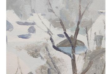 真作　野溝嘉彦　「塩の道・雪」　F10(10号)　絵画(油絵、油彩、肉筆、サイン入り、雪山、冬、風景、山村、額装)(R-079122)