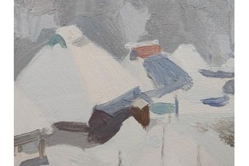 真作　野溝嘉彦　「塩の道・雪」　F10(10号)　絵画(油絵、油彩、肉筆、サイン入り、雪山、冬、風景、山村、額装)(R-079122)