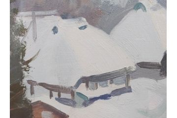 真作　野溝嘉彦　「塩の道・雪」　F10(10号)　絵画(油絵、油彩、肉筆、サイン入り、雪山、冬、風景、山村、額装)(R-079122)