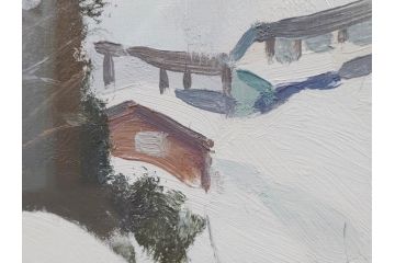 真作　野溝嘉彦　「塩の道・雪」　F10(10号)　絵画(油絵、油彩、肉筆、サイン入り、雪山、冬、風景、山村、額装)(R-079122)