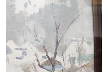 真作　野溝嘉彦　「塩の道・雪」　F10(10号)　絵画(油絵、油彩、肉筆、サイン入り、雪山、冬、風景、山村、額装)(R-079122)