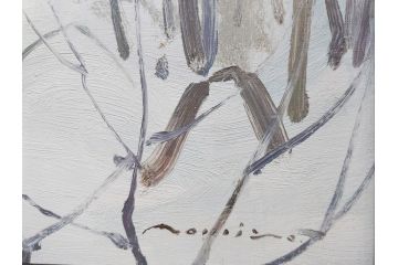 真作　野溝嘉彦　「塩の道・雪」　F10(10号)　絵画(油絵、油彩、肉筆、サイン入り、雪山、冬、風景、山村、額装)(R-079122)