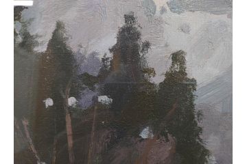 真作　野溝嘉彦　「塩の道・雪」　F10(10号)　絵画(油絵、油彩、肉筆、サイン入り、雪山、冬、風景、山村、額装)(R-079122)