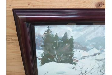 真作　野溝嘉彦　「塩の道・雪」　F10(10号)　絵画(油絵、油彩、肉筆、サイン入り、雪山、冬、風景、山村、額装)(R-079122)