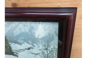 真作　野溝嘉彦　「塩の道・雪」　F10(10号)　絵画(油絵、油彩、肉筆、サイン入り、雪山、冬、風景、山村、額装)(R-079122)