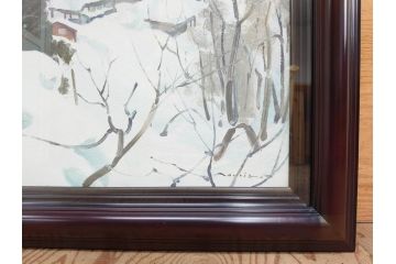 真作　野溝嘉彦　「塩の道・雪」　F10(10号)　絵画(油絵、油彩、肉筆、サイン入り、雪山、冬、風景、山村、額装)(R-079122)