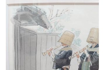 真作　洋画家・版画家　和田三造　「虚無僧」 「舟やど」 「花売り」　ノスタルジーな雰囲気を感じる木版画3点セット(昭和職業絵尽、京都版画院、絵画、人物、職業、女性、男性、子供、動物、壁掛け、額装、外箱付き)(R-079124)　