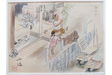 真作　洋画家・版画家　和田三造　「虚無僧」 「舟やど」 「花売り」　ノスタルジーな雰囲気を感じる木版画3点セット(昭和職業絵尽、京都版画院、絵画、人物、職業、女性、男性、子供、動物、壁掛け、額装、外箱付き)(R-079124)　
