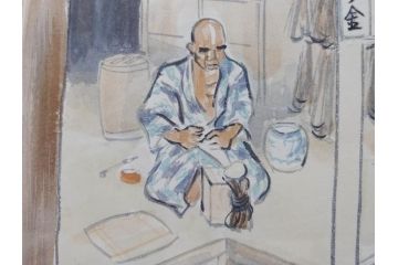 真作　洋画家・版画家　和田三造　「虚無僧」 「舟やど」 「花売り」　ノスタルジーな雰囲気を感じる木版画3点セット(昭和職業絵尽、京都版画院、絵画、人物、職業、女性、男性、子供、動物、壁掛け、額装、外箱付き)(R-079124)　