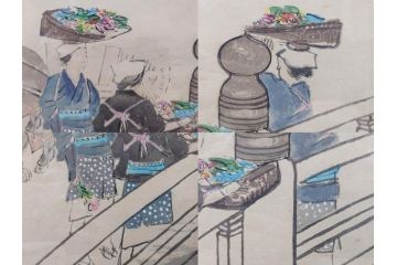 真作　洋画家・版画家　和田三造　「虚無僧」 「舟やど」 「花売り」　ノスタルジーな雰囲気を感じる木版画3点セット(昭和職業絵尽、京都版画院、絵画、人物、職業、女性、男性、子供、動物、壁掛け、額装、外箱付き)(R-079124)　