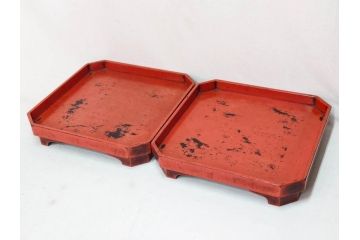 時代物　根来塗　時を重ねた風合いが魅力のお膳2客セット(角盆、漆器、木製、脚付き)(R-079139)