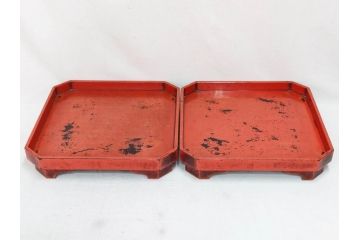 時代物　根来塗　時を重ねた風合いが魅力のお膳2客セット(角盆、漆器、木製、脚付き)(R-079139)