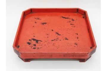 時代物　根来塗　時を重ねた風合いが魅力のお膳2客セット(角盆、漆器、木製、脚付き)(R-079139)