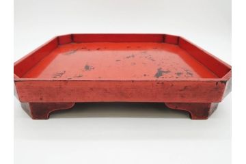 時代物　根来塗　時を重ねた風合いが魅力のお膳2客セット(角盆、漆器、木製、脚付き)(R-079139)